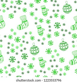 Light Green vector seamless cover with beautiful snowflakes, balls, socks, mittens. Colorful xmas elements with gradient. Texture for window blinds, curtains.