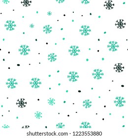 Light Green vector seamless cover with beautiful snowflakes. Shining colorful illustration with snow on abstract template. Pattern for design of fabric, wallpapers.