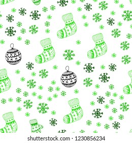 Light Green vector seamless cover with beautiful snowflakes, balls, socks, mittens. Colorful illustration with xmas symbols. Pattern for design of fabric, wallpapers.