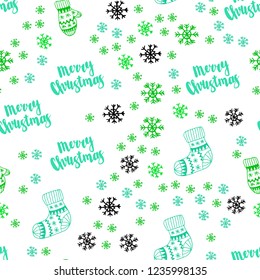 Light Green vector seamless cover with beautiful snowflakes, balls, socks, mittens. Shining colorful illustration in christmas style. Pattern for trendy fabric, wallpapers.