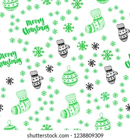 Light Green vector seamless cover with beautiful snowflakes, balls, socks, mittens. Modern geometric abstract illustration. Pattern for trendy fabric, wallpapers.
