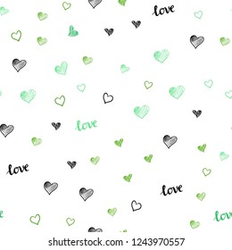 Light Green vector seamless cover with quote LOVE YOU, hearts. Illustration with phrase LOVE YOU, hearts for valentine's day. Pattern for design of fabric, wallpapers.