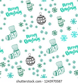 Light Green vector seamless cover with beautiful snowflakes, balls, socks, mittens. Colorful illustration with xmas symbols. Design for wallpaper, fabric makers.
