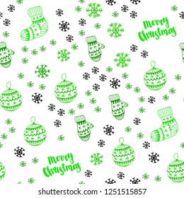 Light Green vector seamless cover with beautiful snowflakes, balls, socks, mittens. Colorful decorative design in xmas style. Pattern for trendy fabric, wallpapers.