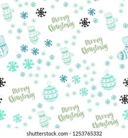 Light Green vector seamless cover with beautiful snowflakes, balls, socks, mittens. Colorful illustration with xmas symbols. Design for textile, fabric, wallpapers.