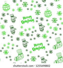 Light Green vector seamless cover with beautiful snowflakes, balls, socks, mittens. Shining colorful illustration in christmas style. Template for business cards, websites.