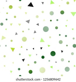 Light Green vector seamless cover in polygonal style with circles. Beautiful illustration with circles, triangles in nature style. Template for business cards, websites.