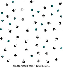 Light Green vector seamless cover with set of coffee beans. Gradient illustration with set of mugs, beans. Template of a black hot beverage in a cafe.