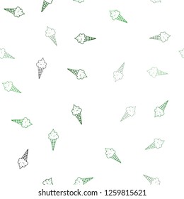 Light Green vector seamless cover with sundae ice-cream. Decorative design of ice-cream cones in doodle style. Template of a black hot beverage in a cafe.