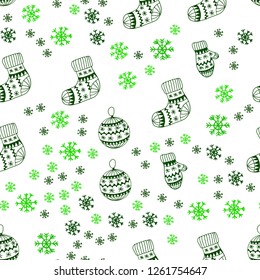 Light Green vector seamless cover with beautiful snowflakes, balls, socks, mittens. Colorful illustration with xmas symbols. Design for wallpaper, fabric makers.