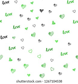Light Green vector seamless cover with quote LOVE YOU, hearts. Design in doodle style with text LOVE YOU, hearts. Template for business cards, websites.