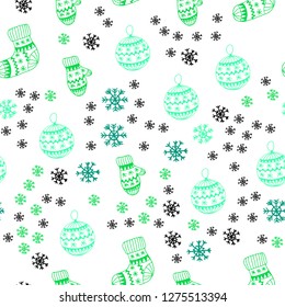Light Green vector seamless cover with beautiful snowflakes, balls, socks, mittens. Colorful xmas elements with gradient. Texture for window blinds, curtains.