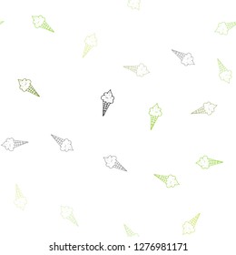 Light Green vector seamless cover with sundae ice-cream. Glitter abstract sketch with ice-cream cones. Template of a black hot beverage in a cafe.