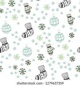 Light Green vector seamless cover with beautiful snowflakes, balls, socks, mittens. Colorful decorative design in xmas style. Texture for window blinds, curtains.
