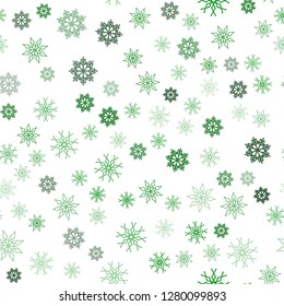 Light Green vector seamless cover with beautiful snowflakes. Shining colored illustration with snow in christmas style. Pattern for trendy fabric, wallpapers.