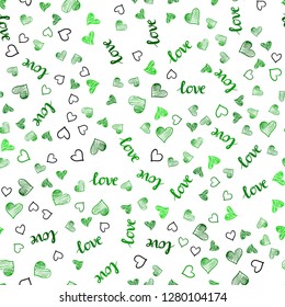 Light Green vector seamless cover with quote LOVE YOU, hearts. Illustration with phrase LOVE YOU, hearts for valentine's day. Design for textile, fabric, wallpapers.