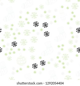 Light Green vector seamless cover with beautiful snowflakes, balls, socks, mittens. Colorful xmas elements with gradient. Texture for window blinds, curtains.