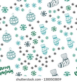 Light Green vector seamless cover with beautiful snowflakes, balls, socks, mittens. Colorful xmas elements with gradient. Texture for window blinds, curtains.
