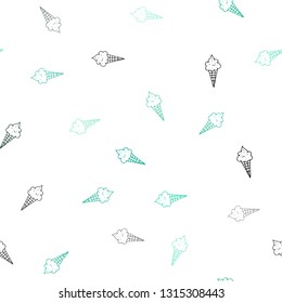 Light Green vector seamless cover with sundae ice-cream. Glitter abstract sketch with ice-cream cones. Pattern for ads of breakfast, lunch, dinner.