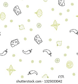 Light Green vector seamless cover with cuisine gourmet. Illustration with set of fresh food in doodle style. Pattern for ads of breakfast, lunch, dinner.