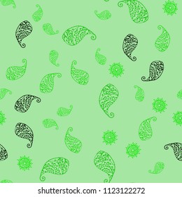 Light Green vector seamless doodle background with leaves and flowers. Leaves, flowers in natural style on white background. Textured pattern for a website, banner.