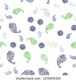 Light Green vector seamless doodle background with leaves and flowers. Leaves, flowers in natural style on white background. Texture for window blinds, curtains.