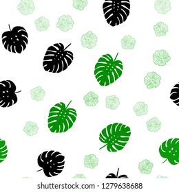 Light Green vector seamless doodle background with flowers, leaves. Leaves and flowers with gradient on white background. Texture for window blinds, curtains.