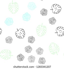 Light Green vector seamless doodle texture with flowers, leaves. Creative illustration in blurred style with leaves, flowers. Texture for window blinds, curtains.
