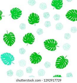 Light Green vector seamless doodle background with flowers, leaves. Modern abstract illustration with leaves and flowers. Texture for window blinds, curtains.
