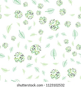 Light Green vector seamless elegant background with leaves and flowers. Sketchy doodles on white background. Brand new design for your business.