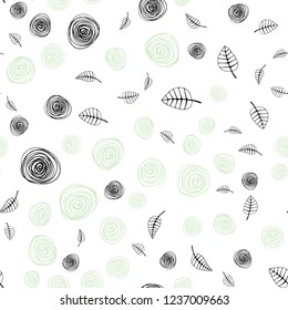 Light Green vector seamless elegant background with leaves and flowers. Abstract illustration with leaves, flowers in doodles style. Design for textile, fabric, wallpapers.