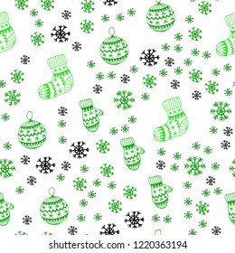 Light Green vector seamless layout with bright snowflakes, balls, socks, mittens. Modern geometric abstract illustration. Design for wallpaper, fabric makers.