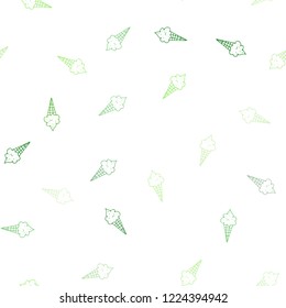 Light Green vector seamless layout with ice-cream set. Glitter abstract sketch with ice-cream cones. Doodle design for your business advert of cafes.