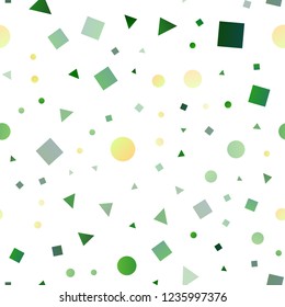Light Green vector seamless layout with circles, lines, rectangles. Decorative design in abstract style with lines, dots, cubes. Pattern for trendy fabric, wallpapers.