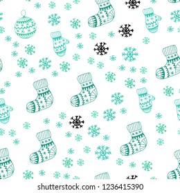 Light Green vector seamless layout with bright snowflakes, balls, socks, mittens. Colorful illustration with xmas symbols. Texture for window blinds, curtains.