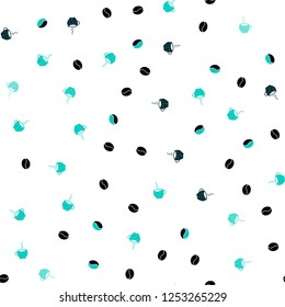 Light Green vector seamless layout with coffee set. Gradient abstract collection of coffee cups and beans. Template of a black hot beverage in a cafe.