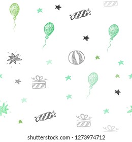 Light Green vector seamless layout in new year style. Shining illustration with a toy car, baloon, candy, star, ball. Design for colorful commercials.