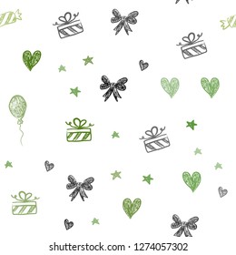 Light Green vector seamless layout in new year style. Shining illustration with aheart, baloon, candy, gift, star, ribbon. Pattern for new year ads.