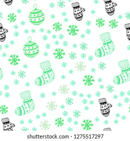 Light Green vector seamless layout with bright snowflakes, balls, socks, mittens. Shining colorful illustration in christmas style. Template for business cards, websites.