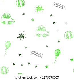 Light Green vector seamless layout in new year style. Illustration with a gradient toy car, baloon, candy, star, ball. Pattern for birthday gifts.