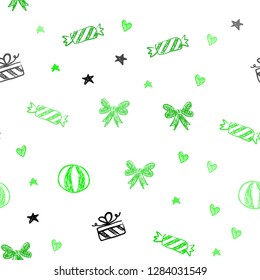 Light Green vector seamless layout in new year style. Design in xmas style with aheart, baloon, candy, gift, star, ribbon. Design for holiday adverts.