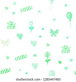 Light Green vector seamless layout in new year style. Colorful illustration with aheart, baloon, candy, gift, star, ribbon. Template for new year postcards.