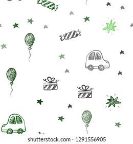 Light Green vector seamless layout in new year style. Illustration with a colorful toy car, baloon, candy, star, ball. Pattern for carnival, festival ads.