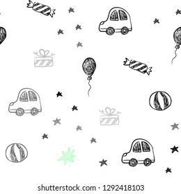 Light Green vector seamless layout in new year style. Design in xmas style with a toy car, baloon, candy, star, ball. Template for new year postcards.
