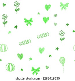 Light Green vector seamless layout in new year style. Abstract illustration with aheart, baloon, candy, gift, star, ribbon. Design for colorful commercials.