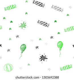 Light Green vector seamless layout in new year style. Colorful illustration with a toy car, baloon, candy, star, ball. Pattern for new year ads.