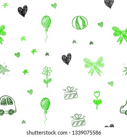Light Green vector seamless layout with new year gifts. Abstract illustration with a toy car, heart, baloon, tulip, candy, ball. Design for holiday adverts.