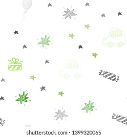 Light Green vector seamless layout in new year style. Abstract illustration with a toy car, baloon, candy, star, ball. Pattern for carnival, festival ads.