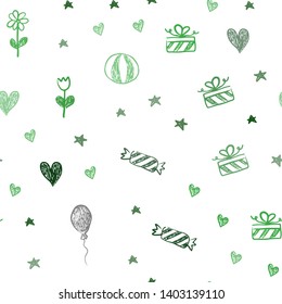 Light Green vector seamless layout in new year style. Design in xmas style with aheart, baloon, candy, gift, star, ribbon. Template for new year postcards.