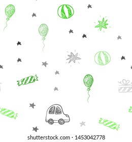 Light Green vector seamless layout in new year style. Colorful illustration with a toy car, baloon, candy, star, ball. Template for new year postcards.
